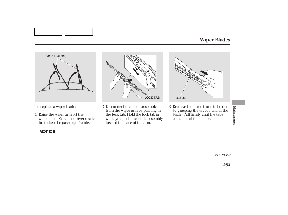 Wiper blades | HONDA 2006 Accord Coupe - Owner's Manual User Manual | Page 255 / 319