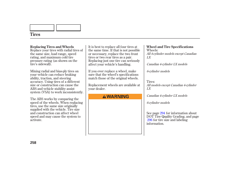 Tires | HONDA 2006 Accord Coupe - Owner's Manual User Manual | Page 260 / 319