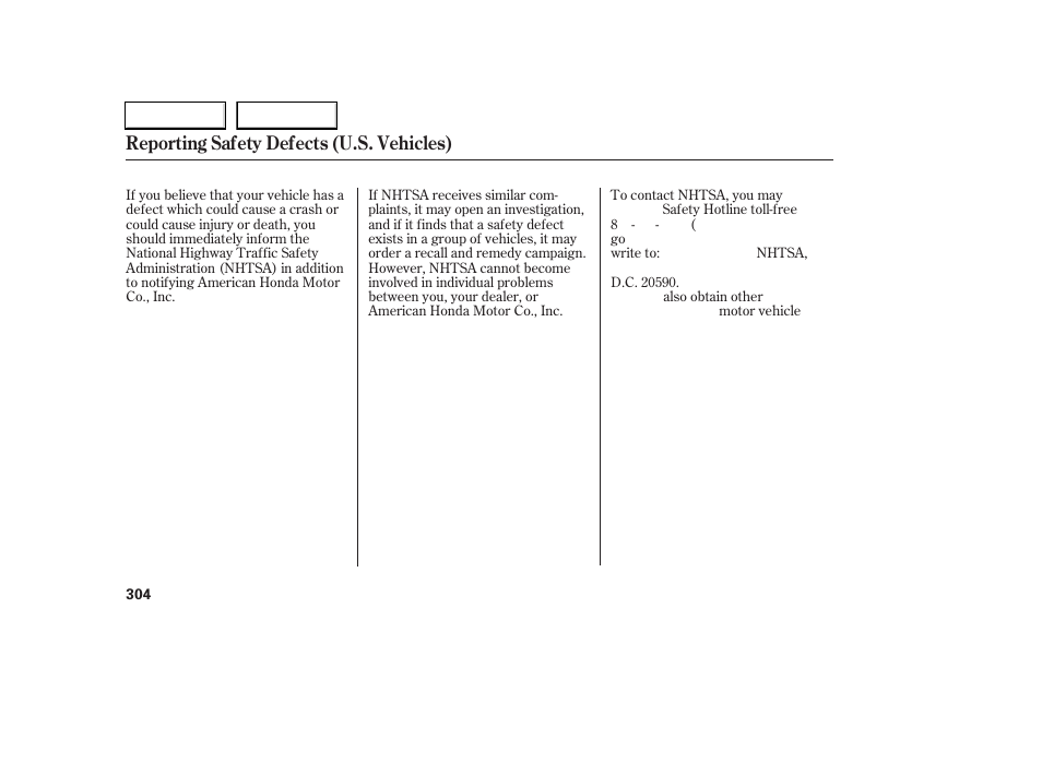 Reporting safety defects (u.s. vehicles) | HONDA 2006 Accord Coupe - Owner's Manual User Manual | Page 306 / 319