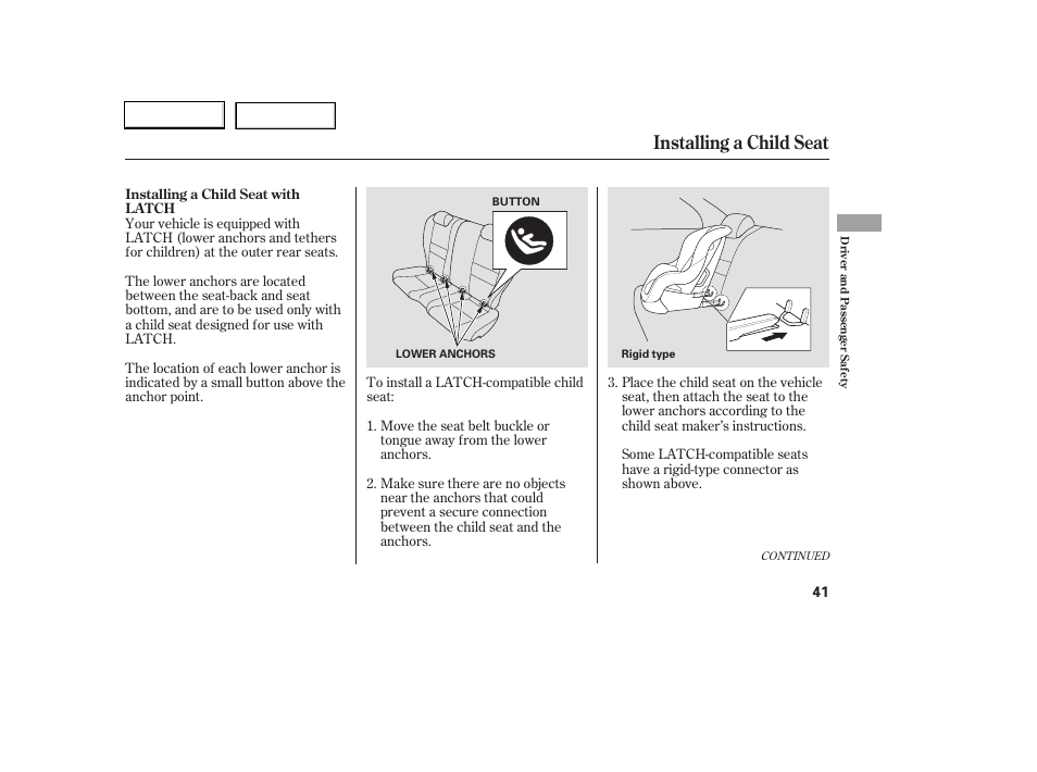 Installing a child seat | HONDA 2006 Accord Coupe - Owner's Manual User Manual | Page 43 / 319
