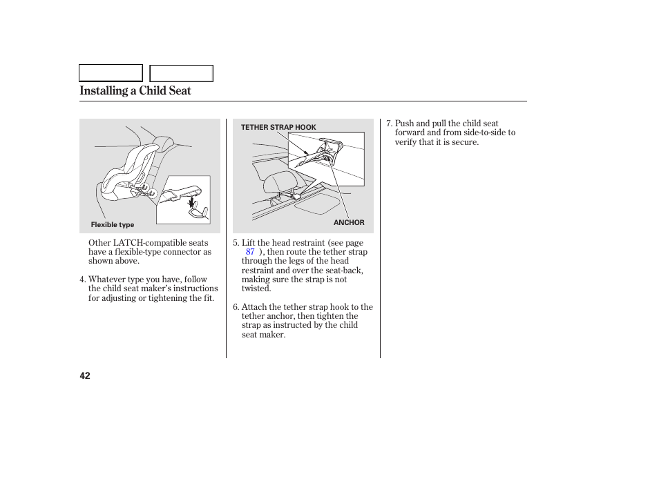 Installing a child seat | HONDA 2006 Accord Coupe - Owner's Manual User Manual | Page 44 / 319