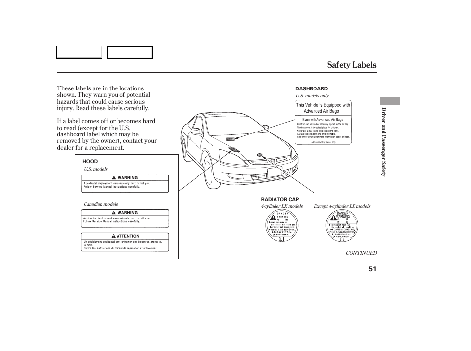 Safety labels | HONDA 2006 Accord Coupe - Owner's Manual User Manual | Page 53 / 319