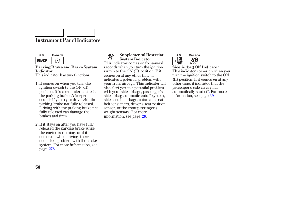Instrument panel indicators | HONDA 2006 Accord Coupe - Owner's Manual User Manual | Page 60 / 319