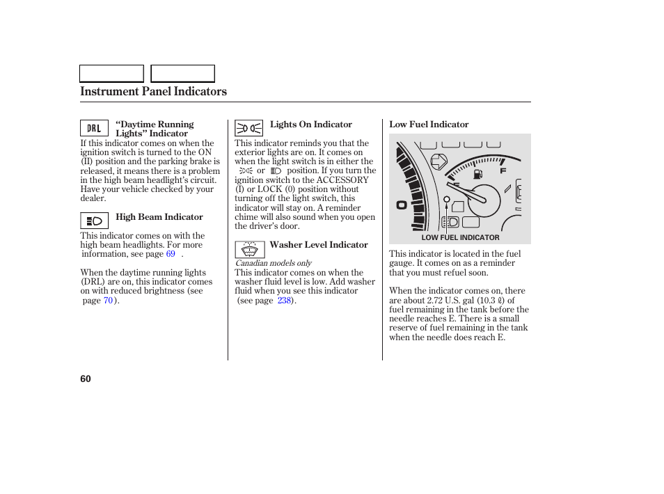 Instrument panel indicators | HONDA 2006 Accord Coupe - Owner's Manual User Manual | Page 62 / 319