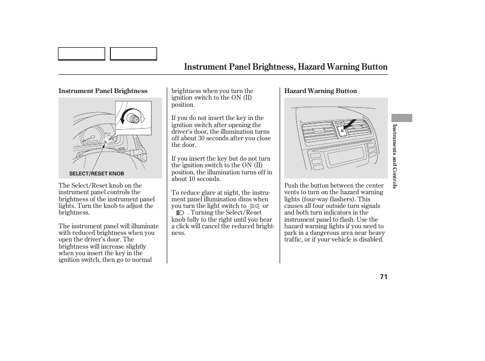 Instrument panel brightness, hazard warning button | HONDA 2006 Accord Coupe - Owner's Manual User Manual | Page 73 / 319