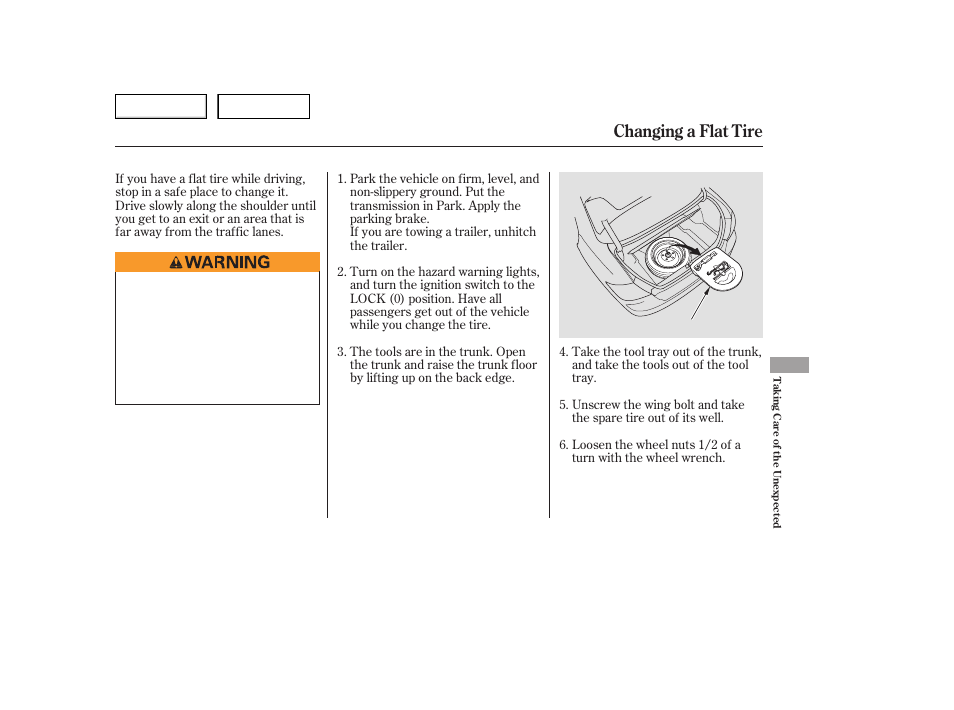 Changing a flat tire | HONDA 2006 Accord Hybrid - Owner's Manual User Manual | Page 228 / 277