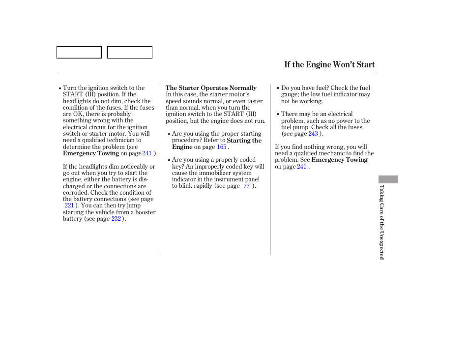 If the engine won’t start | HONDA 2006 Accord Hybrid - Owner's Manual User Manual | Page 232 / 277