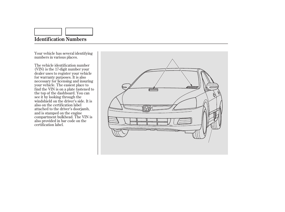 Identification numbers | HONDA 2006 Accord Hybrid - Owner's Manual User Manual | Page 251 / 277