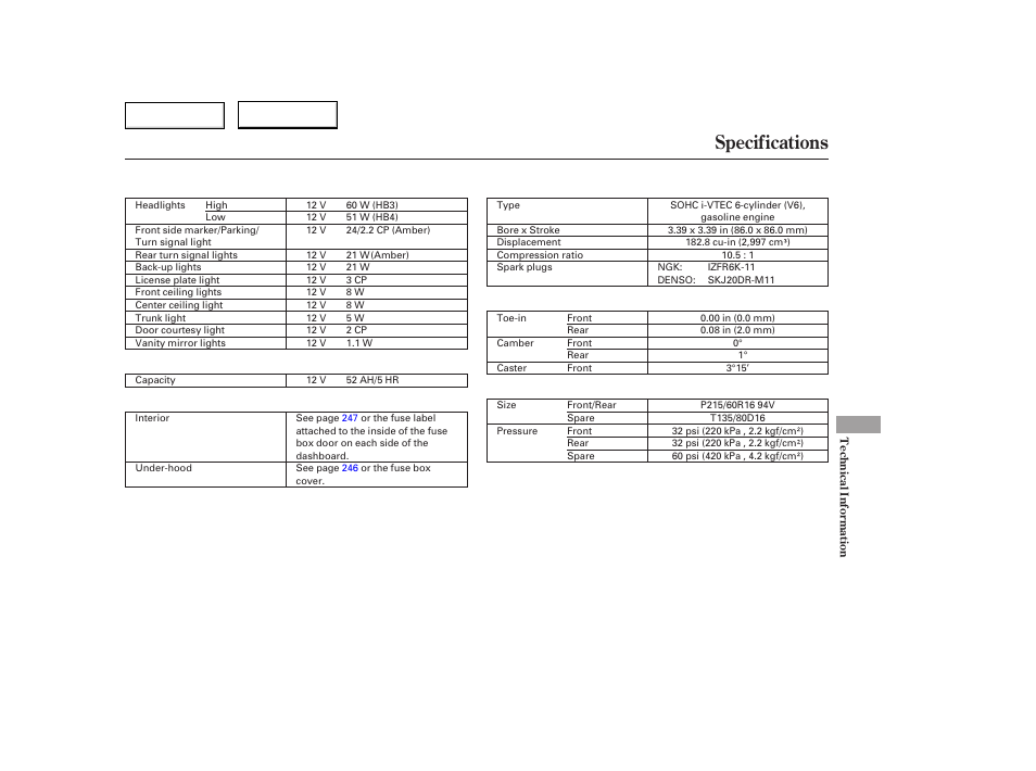 Specifications | HONDA 2006 Accord Hybrid - Owner's Manual User Manual | Page 254 / 277