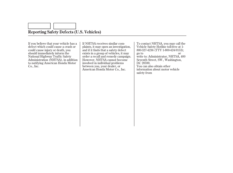 Reporting safety defects (u.s. vehicles) | HONDA 2006 Accord Hybrid - Owner's Manual User Manual | Page 267 / 277