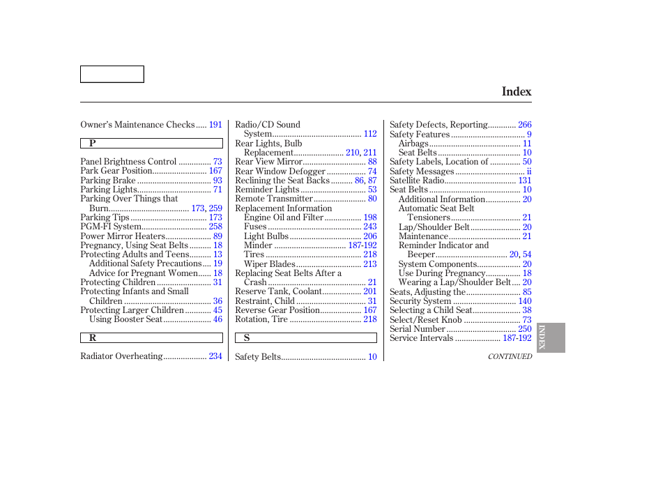 Index | HONDA 2006 Accord Hybrid - Owner's Manual User Manual | Page 274 / 277