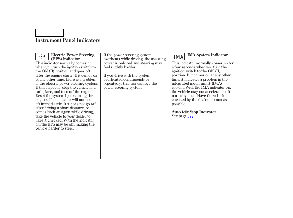 Instrument panel indicators | HONDA 2006 Accord Hybrid - Owner's Manual User Manual | Page 61 / 277