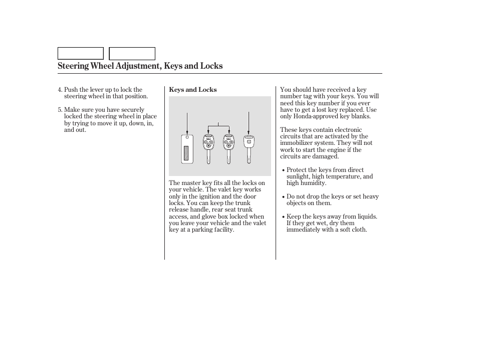 Steering wheel adjustment, keys and locks | HONDA 2006 Accord Hybrid - Owner's Manual User Manual | Page 77 / 277
