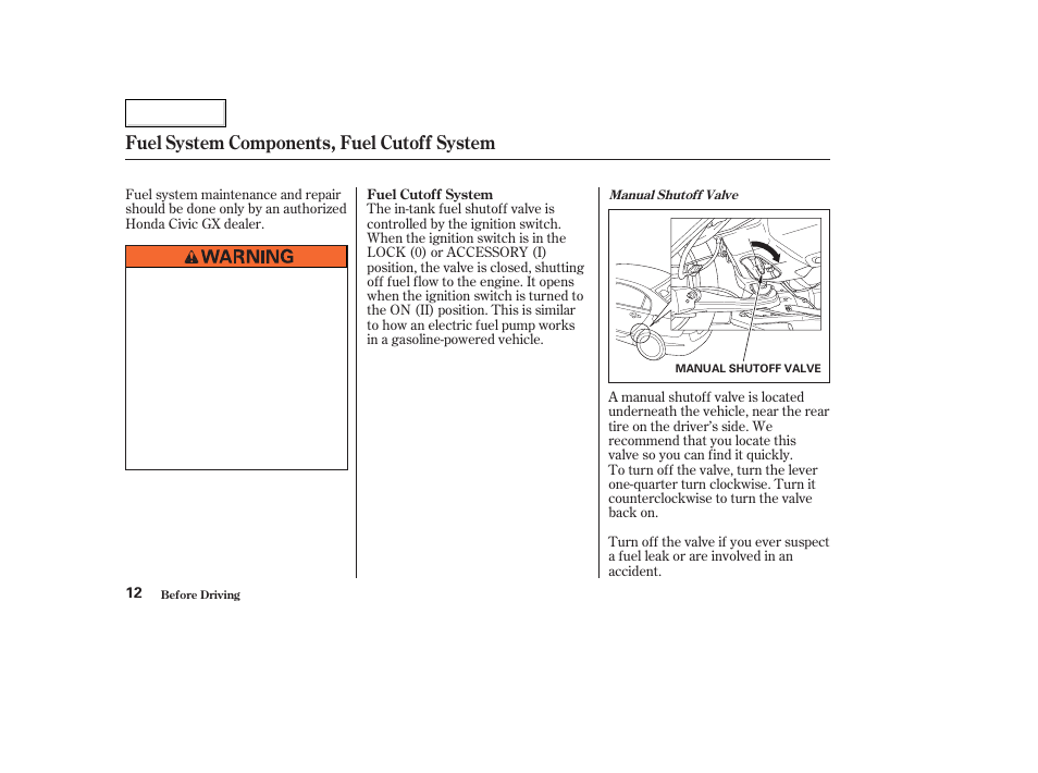 Fuel system components, fuel cutoff system | HONDA 2006 Civic GX - Owner's Manual User Manual | Page 13 / 37