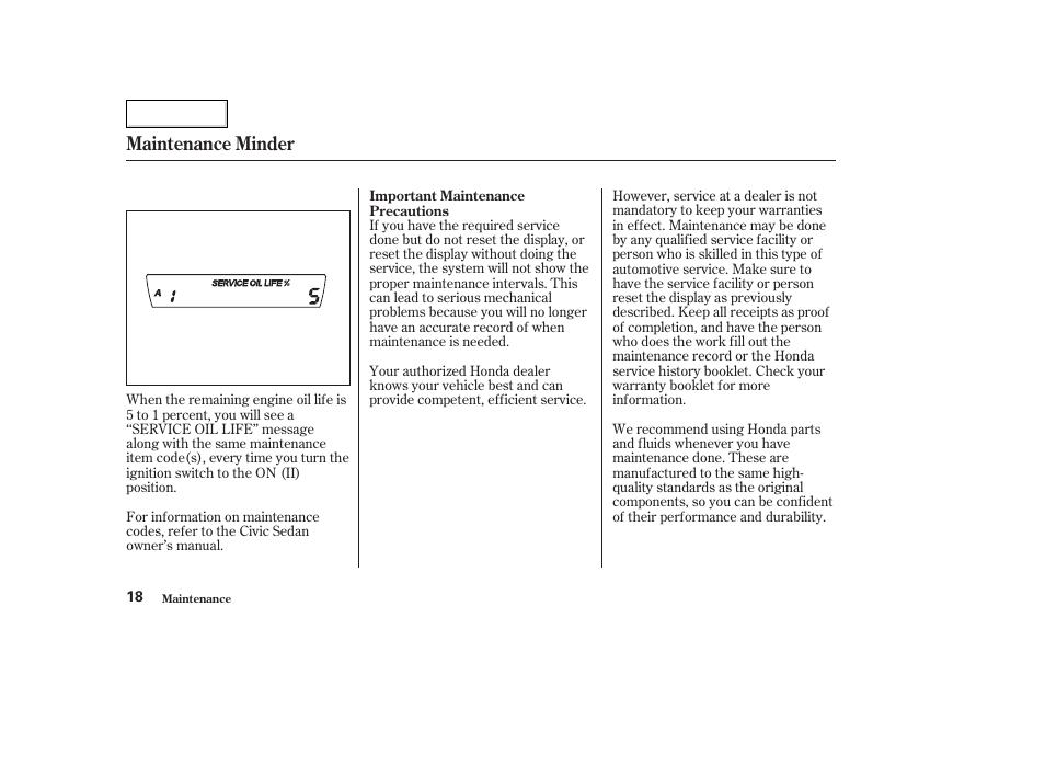 Maintenance minder | HONDA 2006 Civic GX - Owner's Manual User Manual | Page 19 / 37