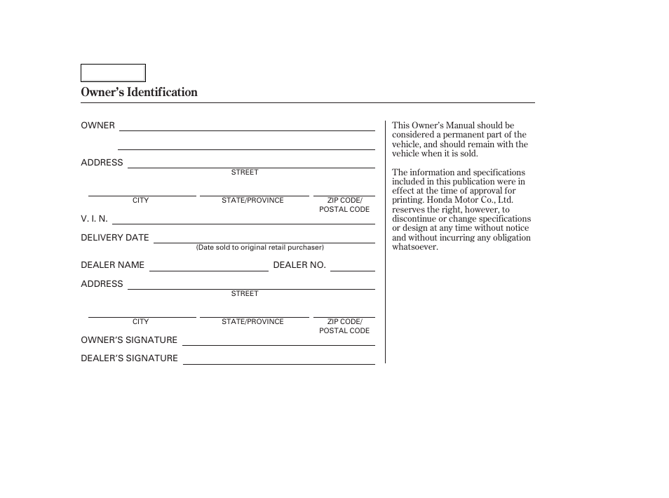 Owner's identification form, Owner’s identification | HONDA 2006 Civic GX - Owner's Manual User Manual | Page 2 / 37