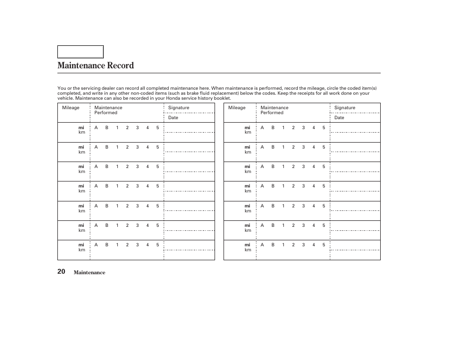 Maintenance record | HONDA 2006 Civic GX - Owner's Manual User Manual | Page 21 / 37