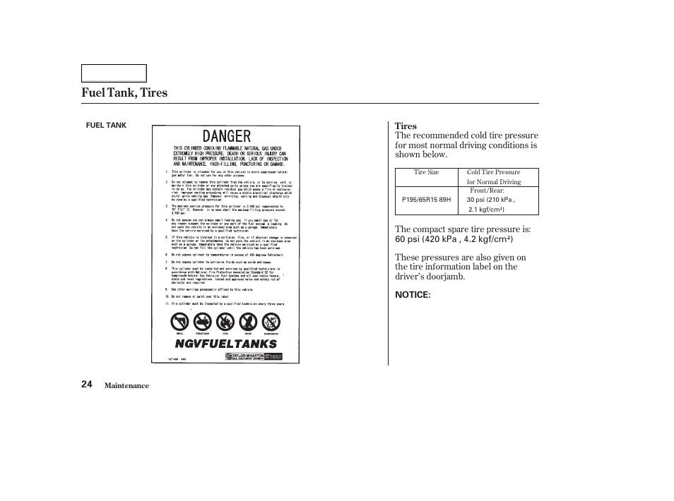 Fuel tank, tires | HONDA 2006 Civic GX - Owner's Manual User Manual | Page 25 / 37
