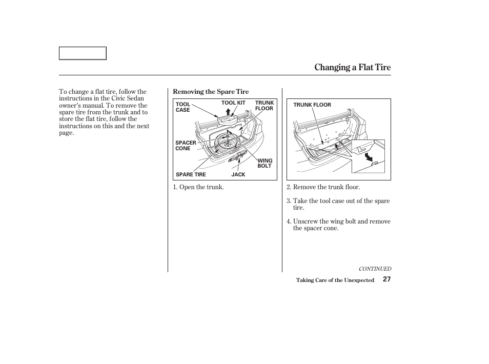 Changing a flat tire | HONDA 2006 Civic GX - Owner's Manual User Manual | Page 28 / 37