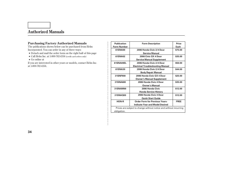 Authorized manuals | HONDA 2006 Civic GX - Owner's Manual User Manual | Page 35 / 37