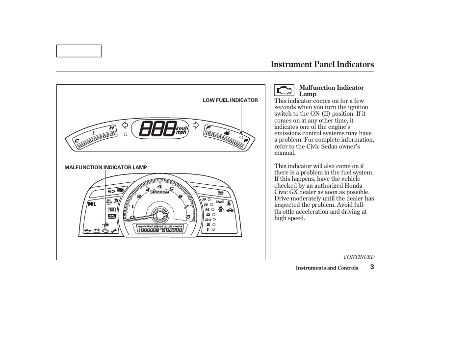 Instrument panel indicators | HONDA 2006 Civic GX - Owner's Manual User Manual | Page 4 / 37