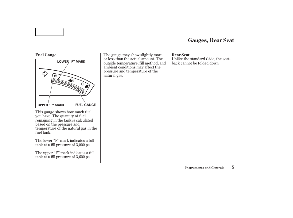 Gauges, rear seat | HONDA 2006 Civic GX - Owner's Manual User Manual | Page 6 / 37