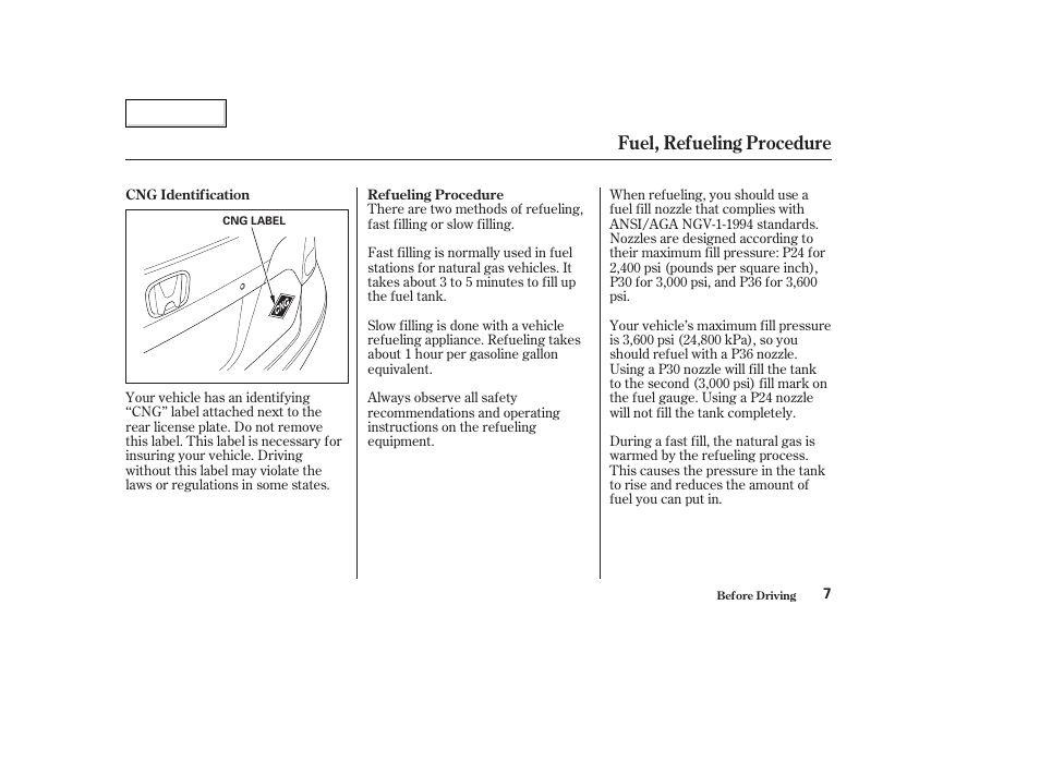 Fuel, refueling procedure | HONDA 2006 Civic GX - Owner's Manual User Manual | Page 8 / 37