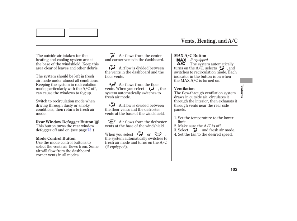 Vents, heating, and a/c | HONDA 2006 Civic Sedan - Owner's Manual User Manual | Page 104 / 267