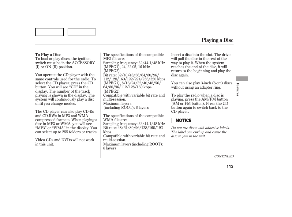 Playing a disc | HONDA 2006 Civic Sedan - Owner's Manual User Manual | Page 114 / 267