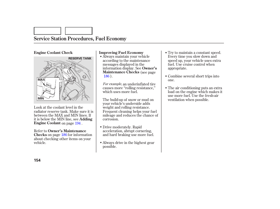 Service station procedures, fuel economy | HONDA 2006 Civic Sedan - Owner's Manual User Manual | Page 155 / 267