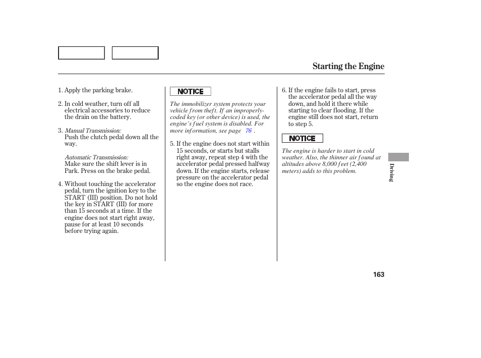 Starting the engine | HONDA 2006 Civic Sedan - Owner's Manual User Manual | Page 164 / 267