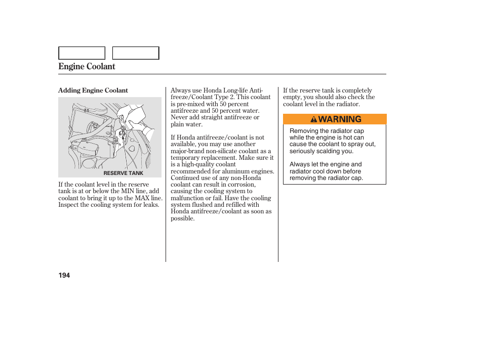 Engine coolant | HONDA 2006 Civic Sedan - Owner's Manual User Manual | Page 195 / 267