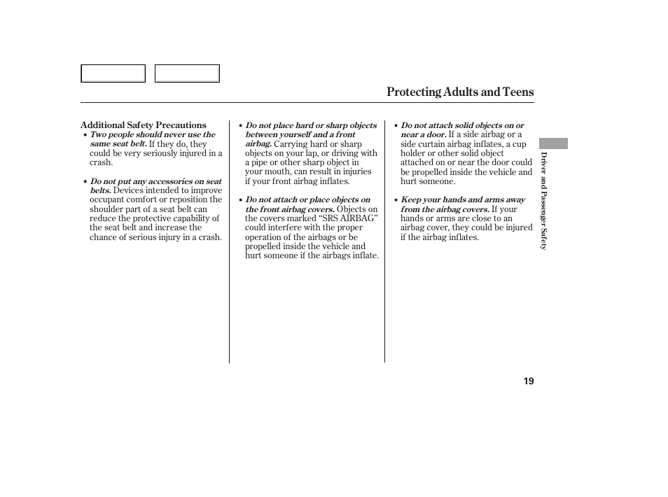 Protecting adults and teens | HONDA 2006 Civic Sedan - Owner's Manual User Manual | Page 20 / 267