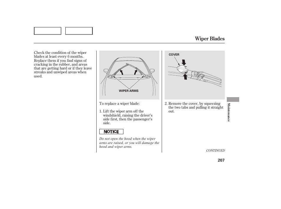 Wiper blades | HONDA 2006 Civic Sedan - Owner's Manual User Manual | Page 208 / 267