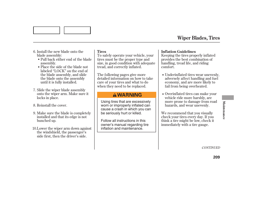 Wiper blades, tires | HONDA 2006 Civic Sedan - Owner's Manual User Manual | Page 210 / 267