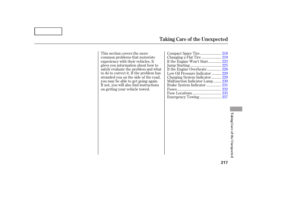 Taking care of the unexpected | HONDA 2006 Civic Sedan - Owner's Manual User Manual | Page 218 / 267