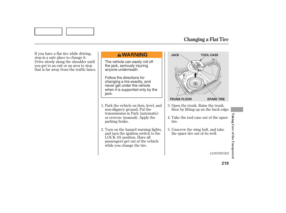 Changing a flat tire | HONDA 2006 Civic Sedan - Owner's Manual User Manual | Page 220 / 267