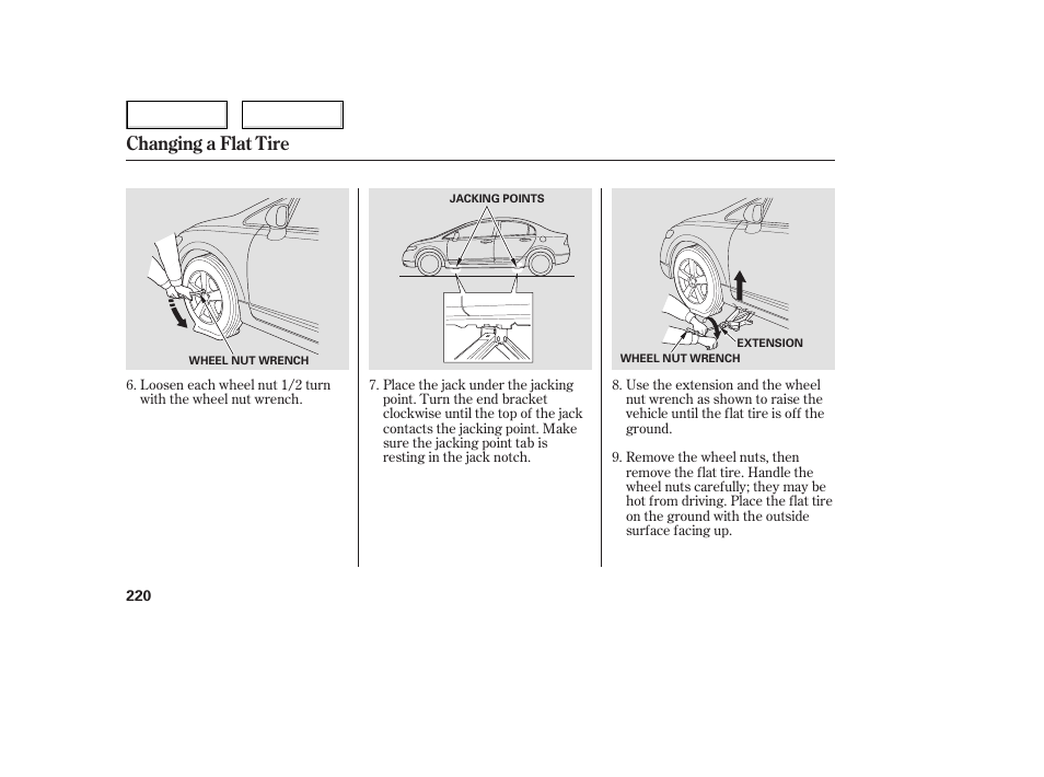 Changing a flat tire | HONDA 2006 Civic Sedan - Owner's Manual User Manual | Page 221 / 267