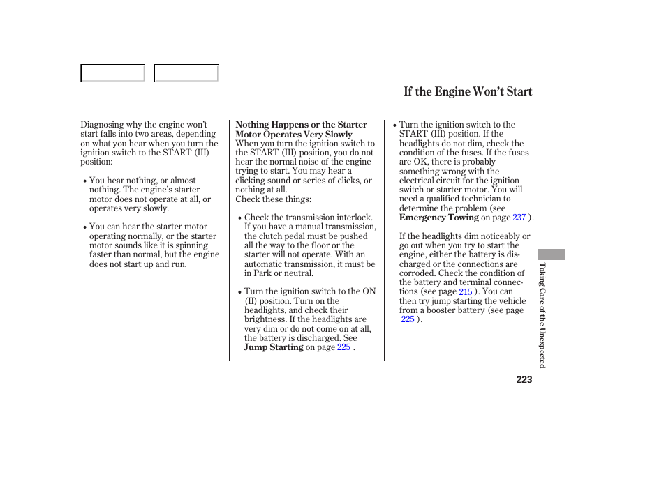 If the engine won’t start | HONDA 2006 Civic Sedan - Owner's Manual User Manual | Page 224 / 267