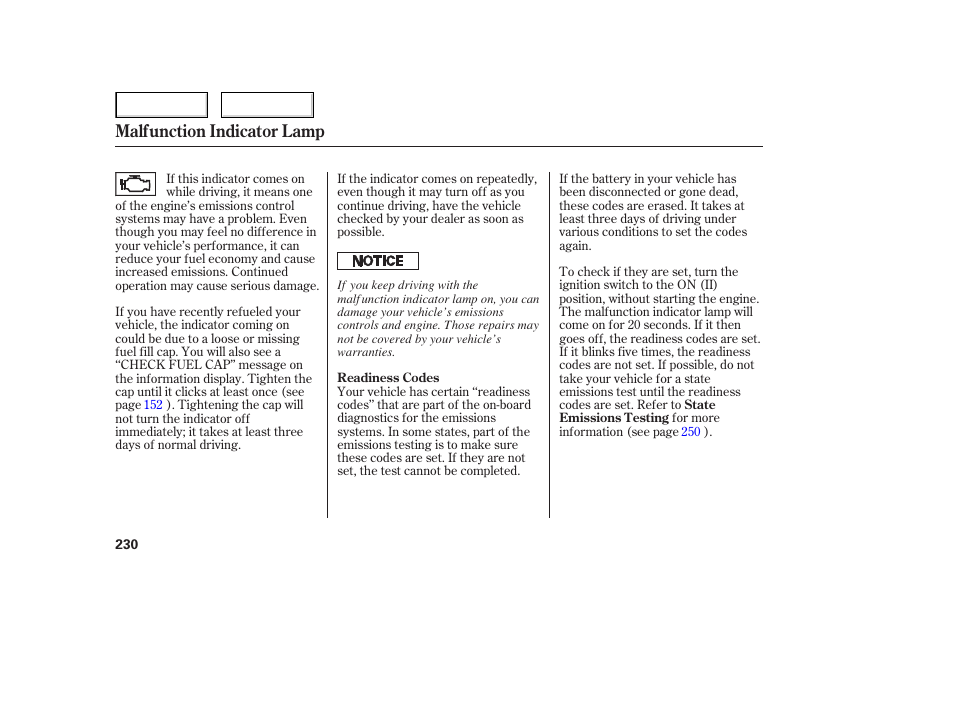 Malfunction indicator lamp | HONDA 2006 Civic Sedan - Owner's Manual User Manual | Page 231 / 267