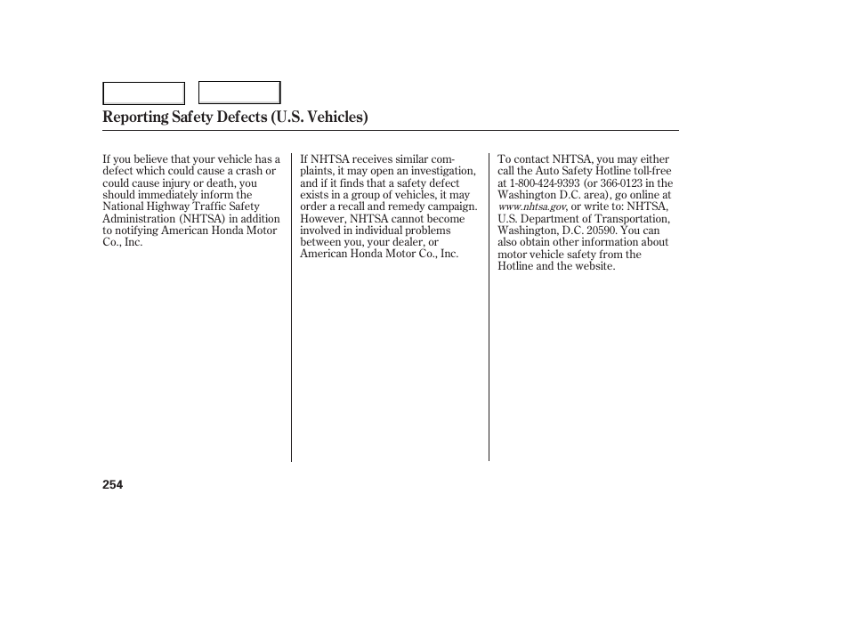 Reporting safety defects (u.s. vehicles) | HONDA 2006 Civic Sedan - Owner's Manual User Manual | Page 255 / 267