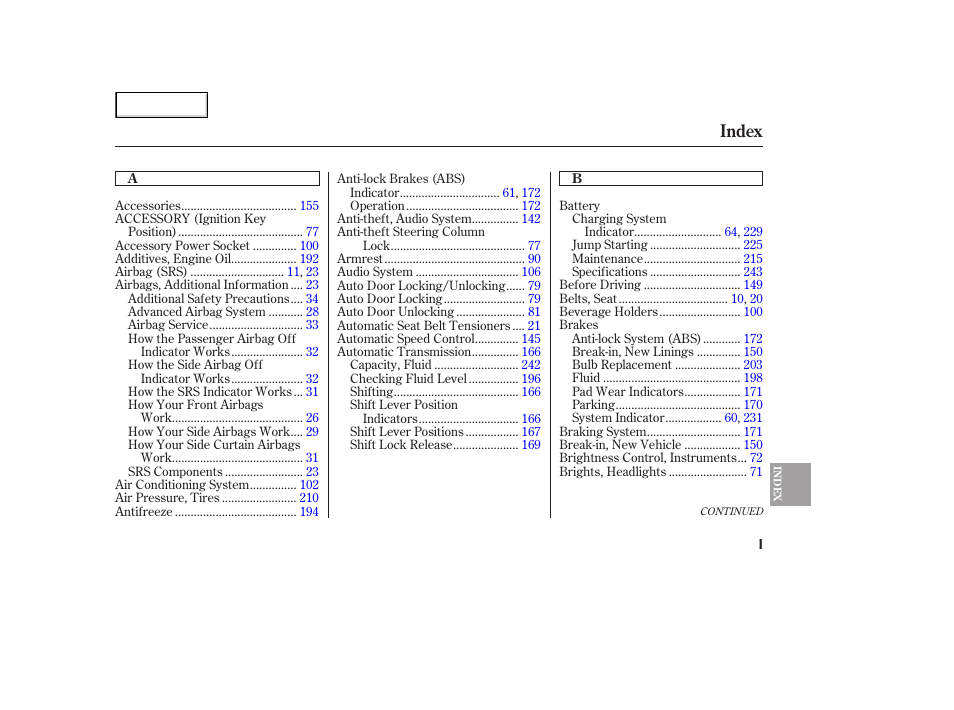 Index | HONDA 2006 Civic Sedan - Owner's Manual User Manual | Page 258 / 267