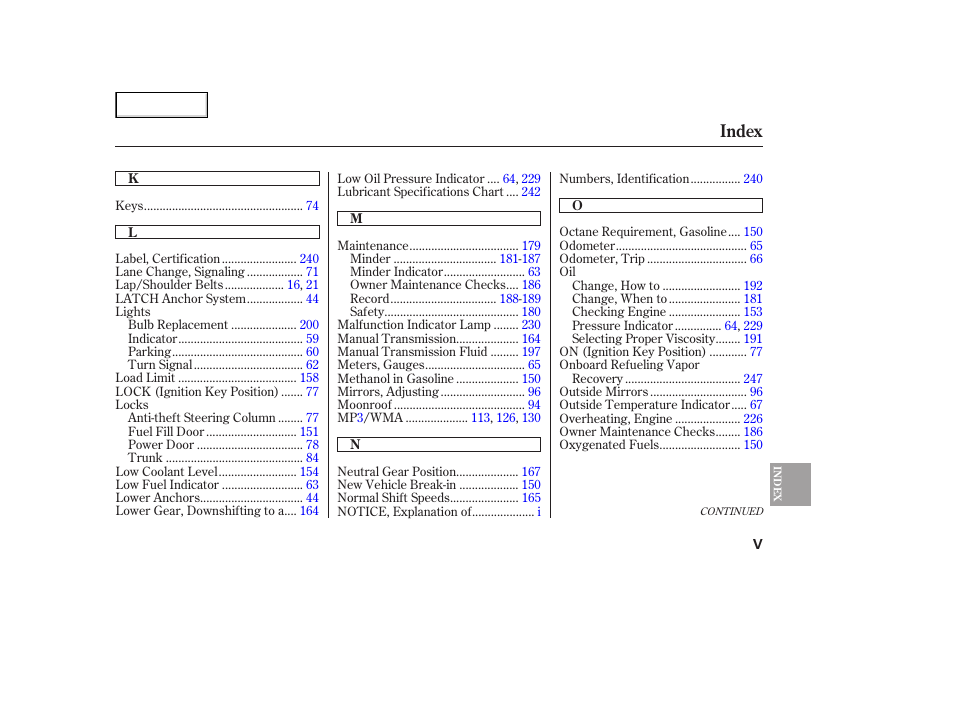 Index | HONDA 2006 Civic Sedan - Owner's Manual User Manual | Page 262 / 267