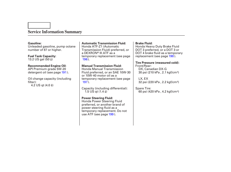 Service information summary | HONDA 2006 Civic Sedan - Owner's Manual User Manual | Page 267 / 267