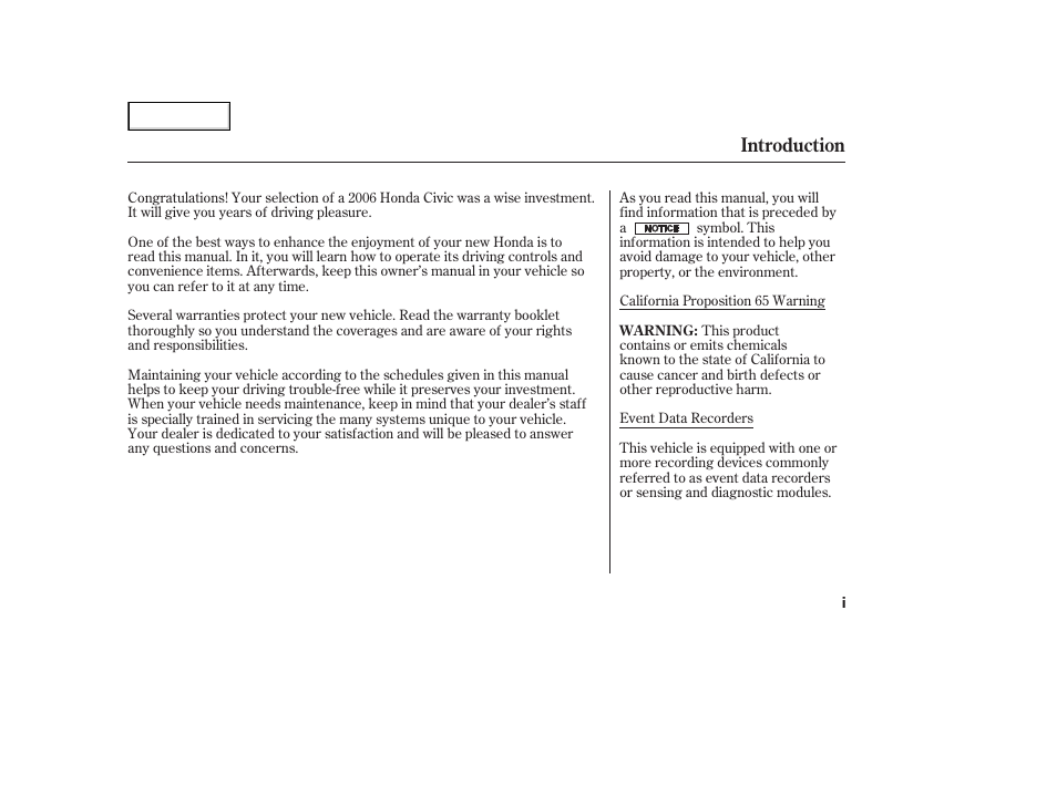 Introduction | HONDA 2006 Civic Sedan - Owner's Manual User Manual | Page 3 / 267