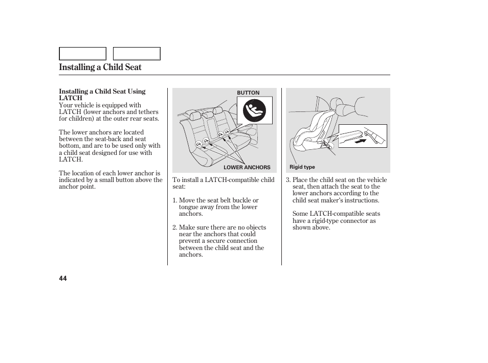 Installing a child seat | HONDA 2006 Civic Sedan - Owner's Manual User Manual | Page 45 / 267