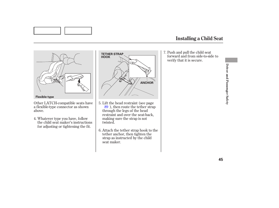 Installing a child seat | HONDA 2006 Civic Sedan - Owner's Manual User Manual | Page 46 / 267