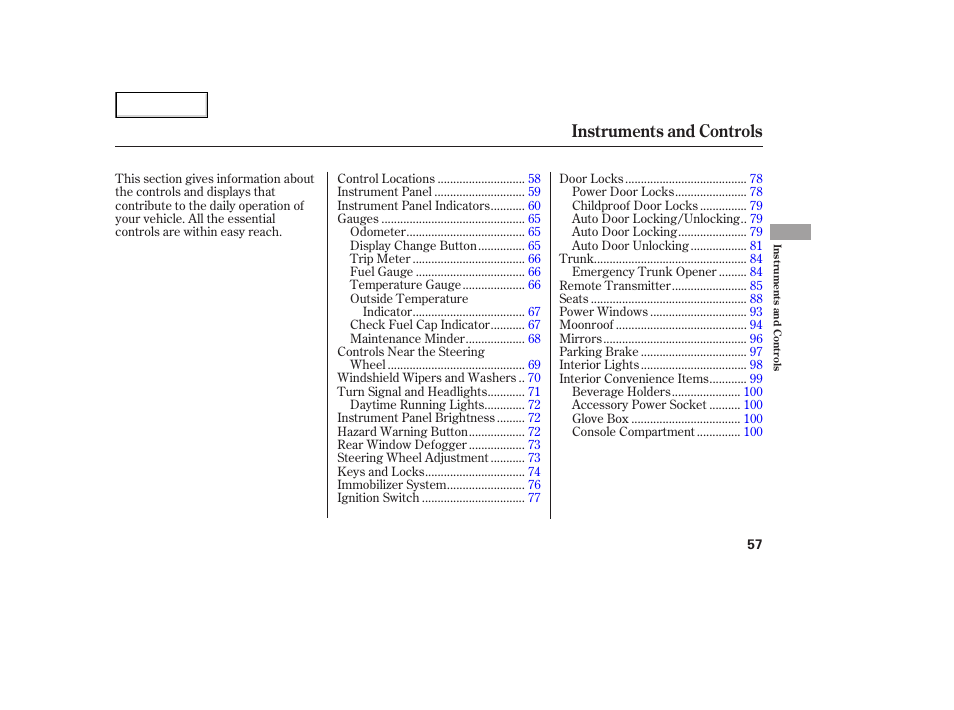 Instruments and controls | HONDA 2006 Civic Sedan - Owner's Manual User Manual | Page 58 / 267