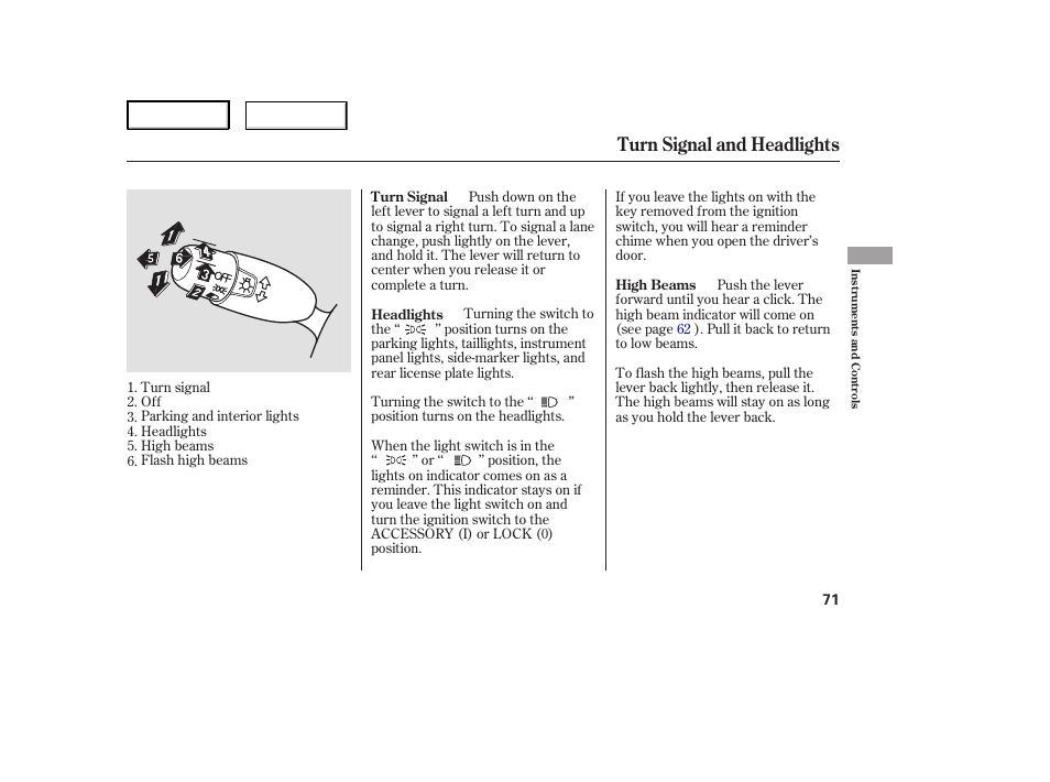 Turn signal and headlights | HONDA 2006 Civic Sedan - Owner's Manual User Manual | Page 72 / 267