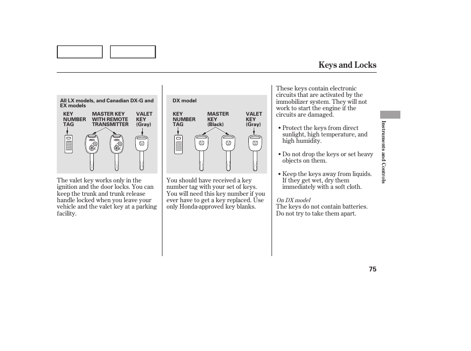 Keys and locks | HONDA 2006 Civic Sedan - Owner's Manual User Manual | Page 76 / 267